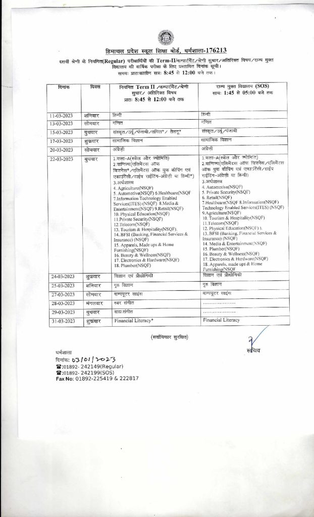 Hpbose Th Date Sheet Download Hp Board Matric Exams Schedule