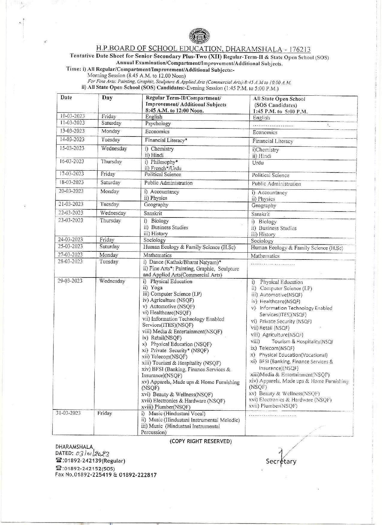 HPBOSE 12th Date Sheet 2025 Download HP Board 12th Exams Schedule